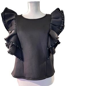 Item #A040 -  FT INC Black Puff Sleeve Ruffle Top, Beaded Trim, NWT, Size L